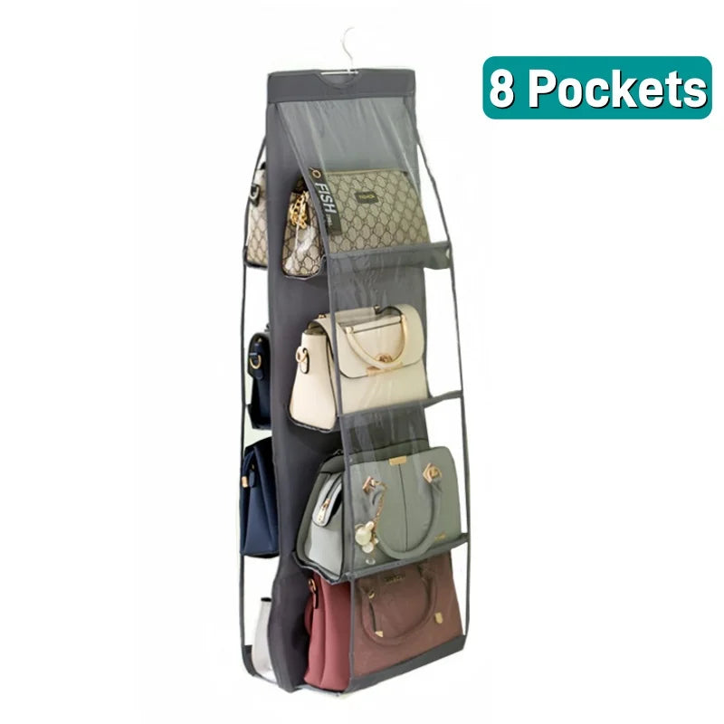 8 Pockets Hanging Purse Handbag Organizer Clear Hanging Shelf Bag Collection Storage Holder Purse Bag Wardrobe Closet Organizers