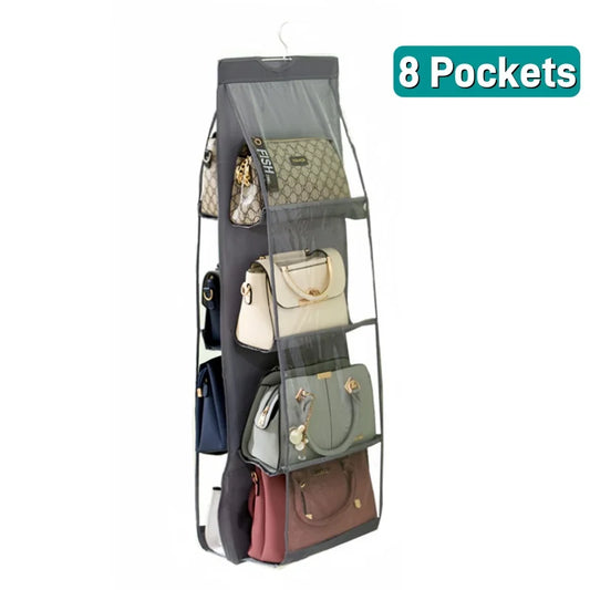 8 Pockets Hanging Purse Handbag Organizer Clear Hanging Shelf Bag Collection Storage Holder Purse Bag Wardrobe Closet Organizers